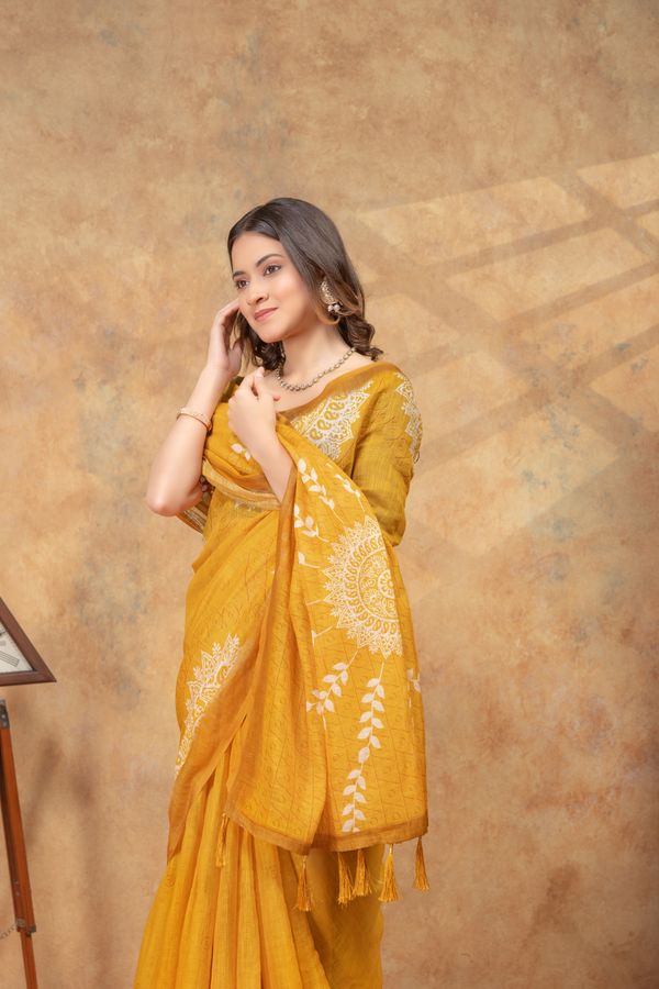 Mustard Yellow Floral Linen Cotton Saree with Printed Pallu