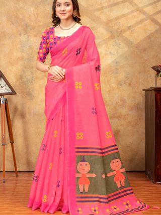 Varnavi Pink Linen Cotton Saree With Artistic Printed Pallu