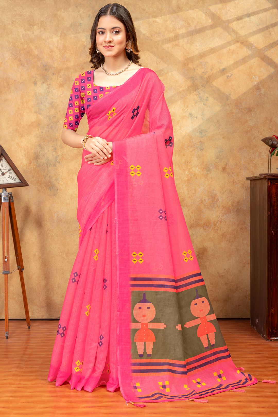 Varnavi Pink Linen Cotton Saree With Artistic Printed Pallu
