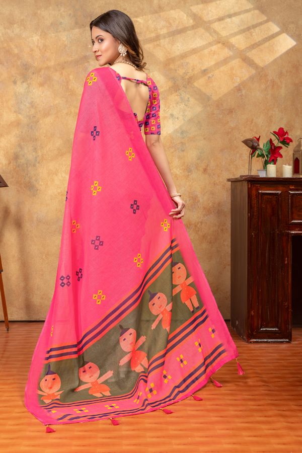 Varnavi Pink Linen Cotton Saree With Artistic Printed Pallu