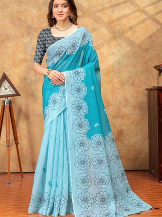 Aqua Floral Printed Satin Saree with Unstitched Blouses