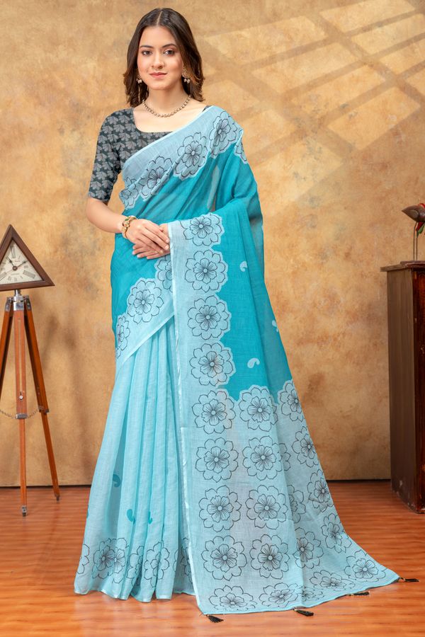 Aqua Floral Printed Satin Saree with Unstitched Blouses
