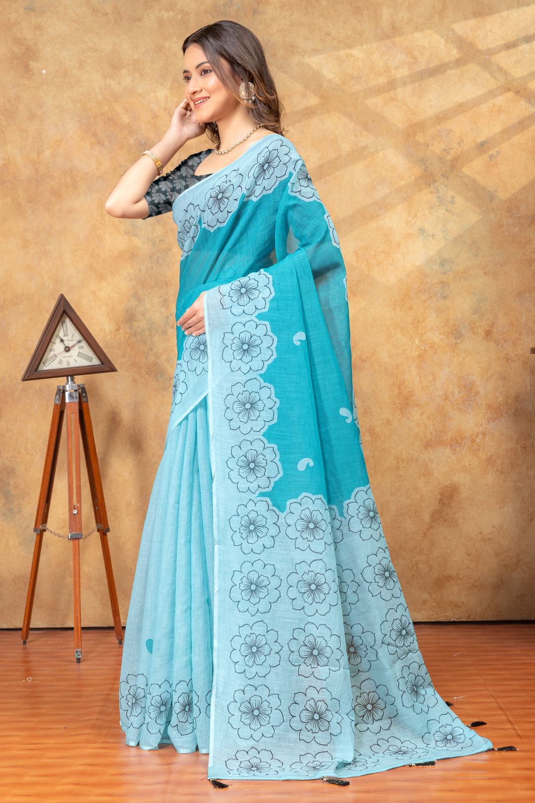 Aqua Floral Printed Satin Saree with Unstitched Blouses