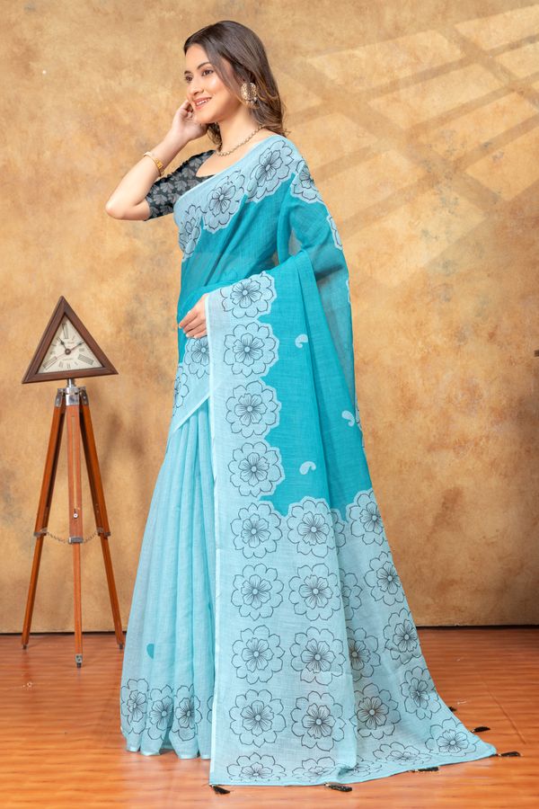 Aqua Floral Printed Satin Saree with Unstitched Blouses