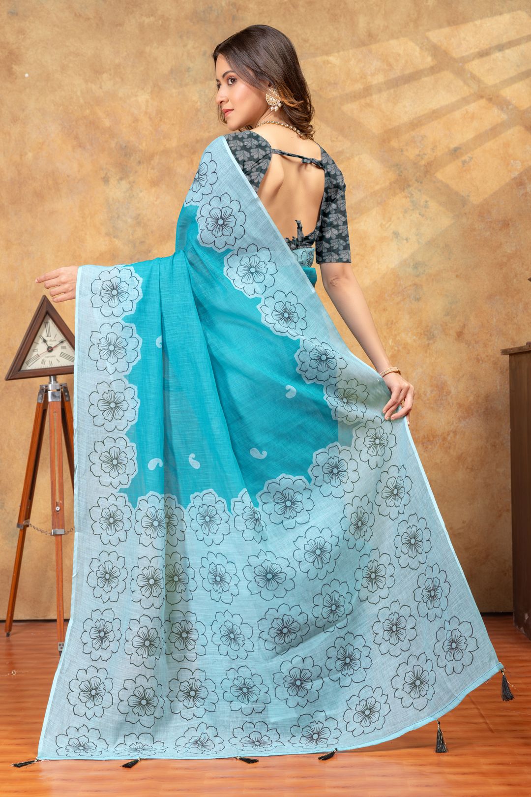 Aqua Floral Printed Satin Saree with Unstitched Blouses