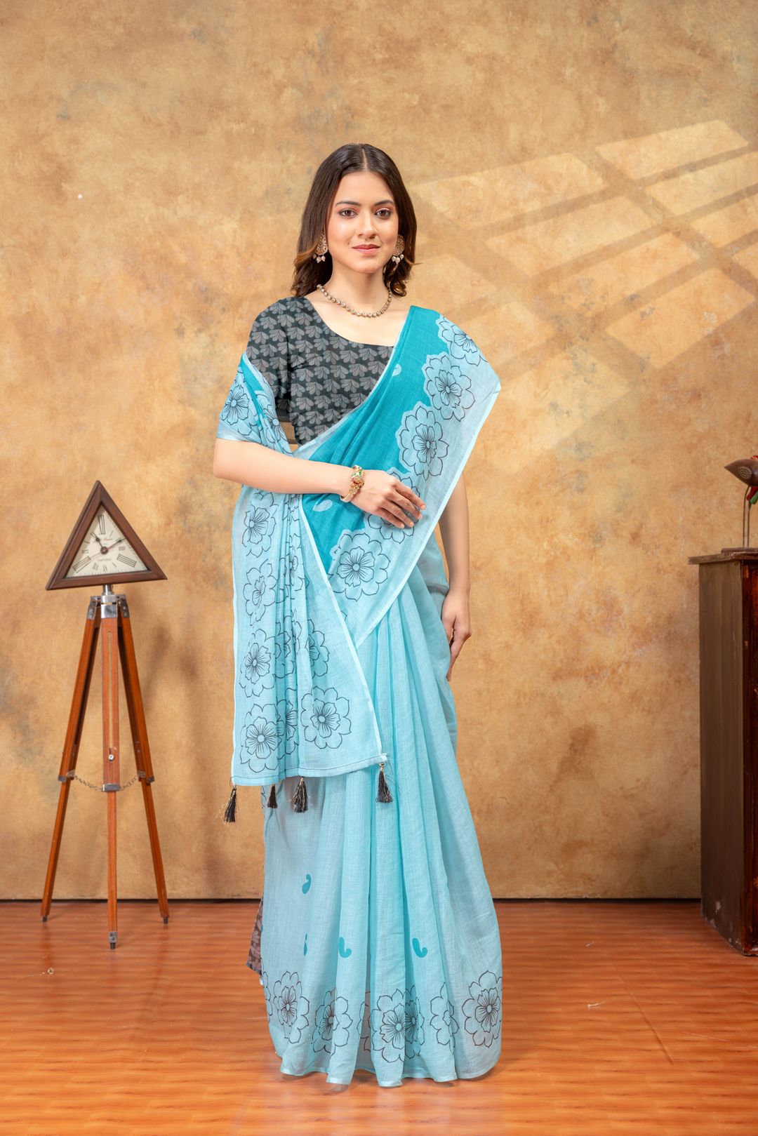 Aqua Floral Printed Satin Saree with Unstitched Blouses