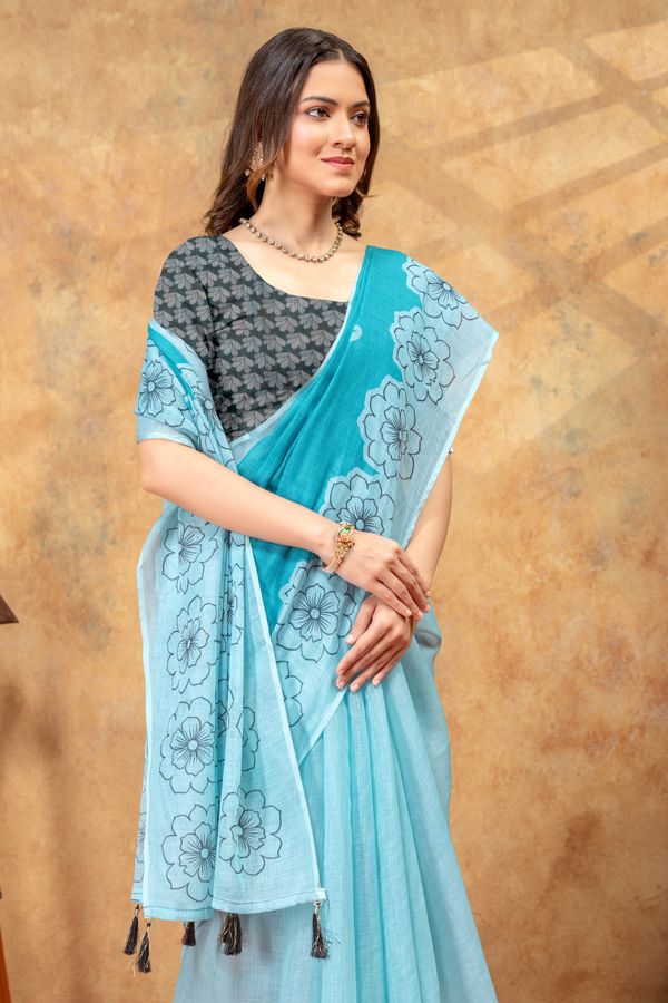 Aqua Floral Printed Satin Saree with Unstitched Blouses
