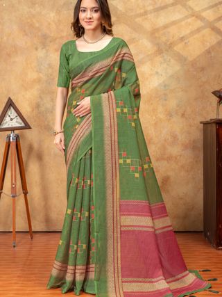Olive Green Printed Satin Saree With Unstitched Blouse