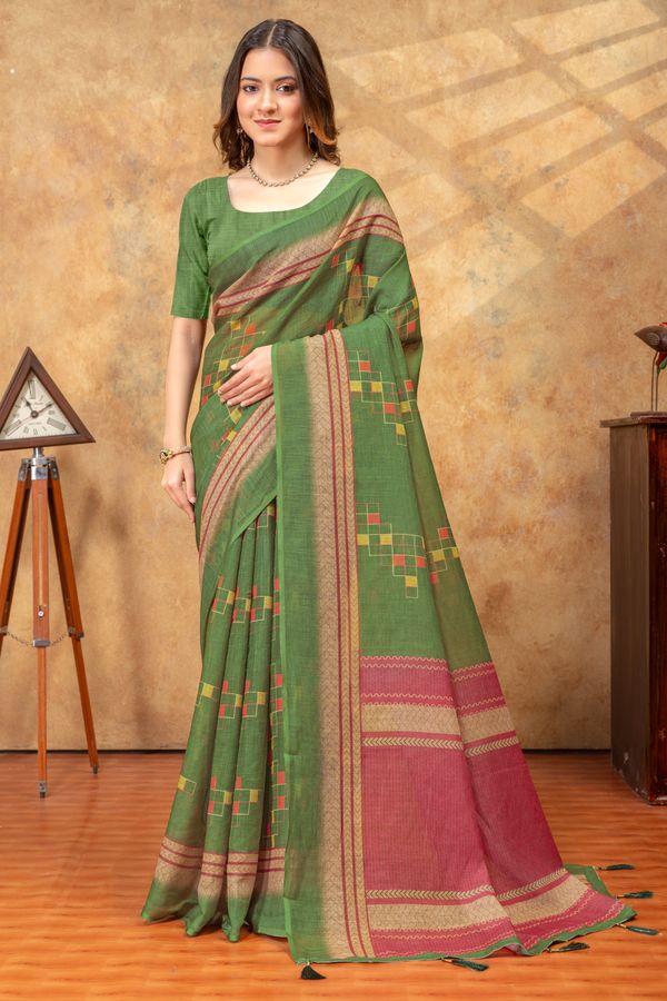 Olive Green Printed Satin Saree With Unstitched Blouse
