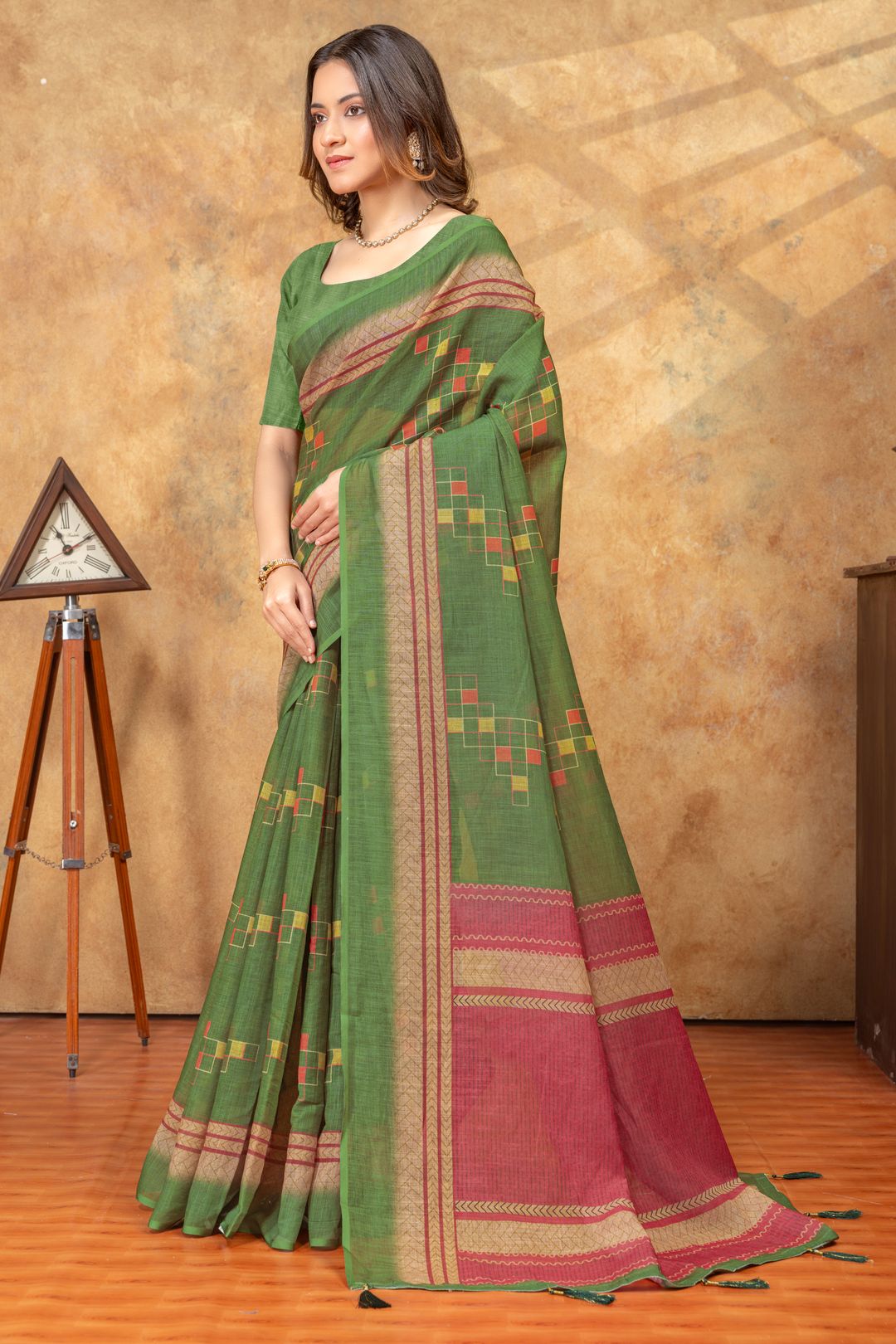 Olive Green Printed Satin Saree With Unstitched Blouse