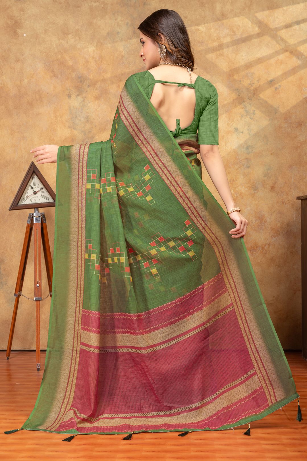 Olive Green Printed Satin Saree With Unstitched Blouse