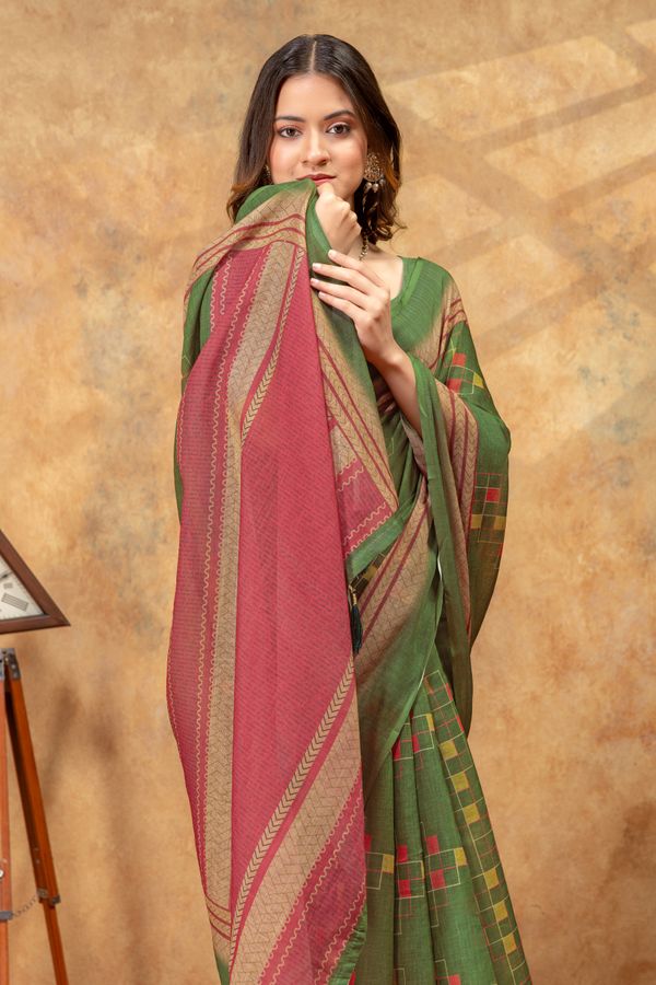Olive Green Printed Satin Saree With Unstitched Blouse