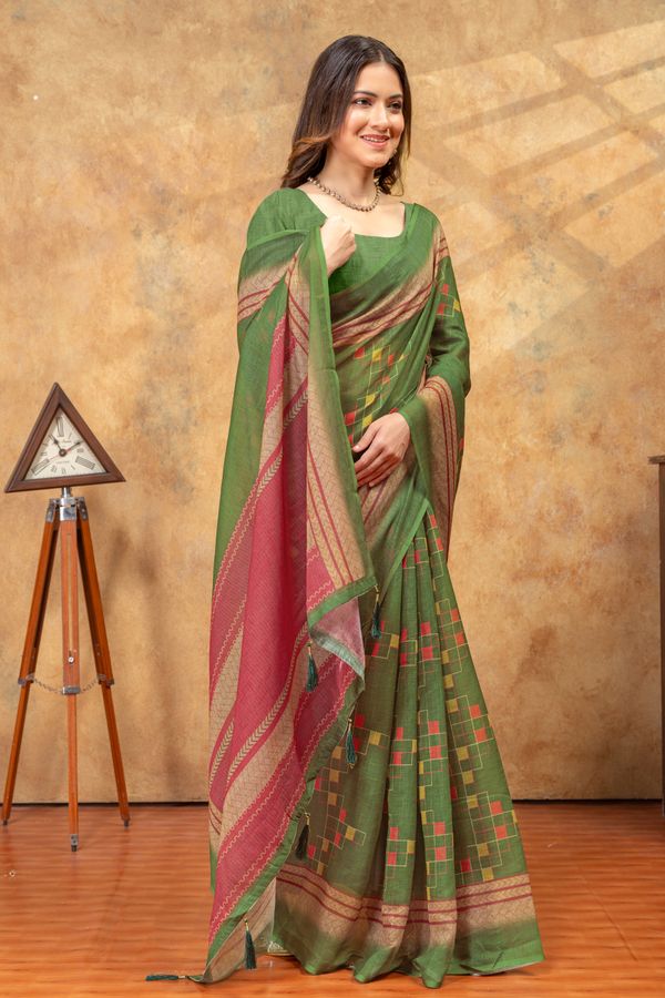 Olive Green Printed Satin Saree With Unstitched Blouse