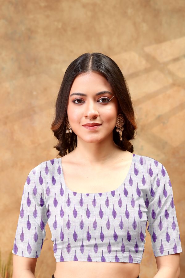 Purple Leaf Printed Satin Saree with Unstitched Blouse