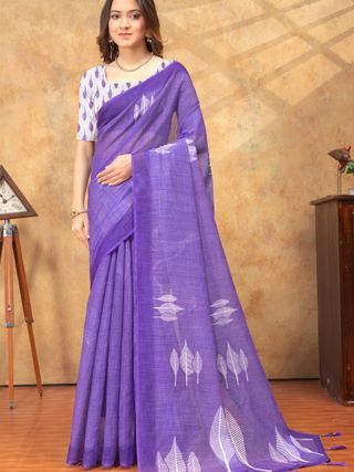 Purple Leaf Printed Satin Saree with Unstitched Blouse