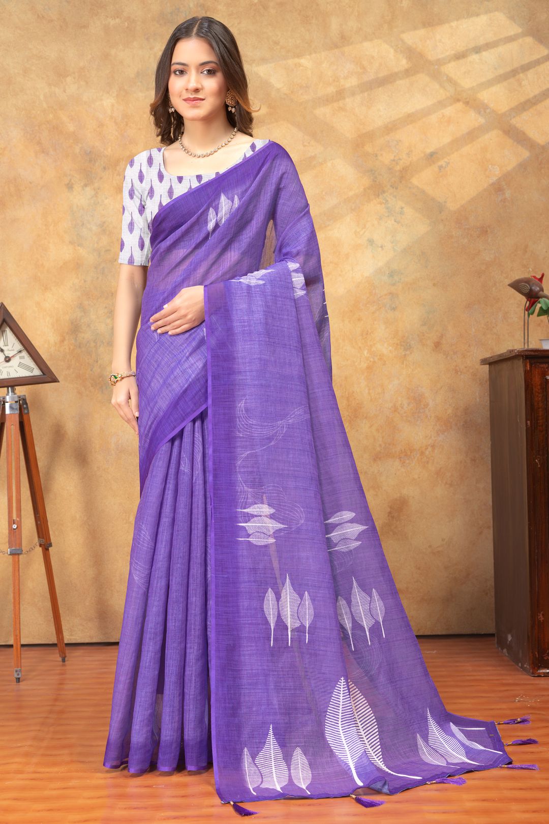 Purple Leaf Printed Satin Saree with Unstitched Blouse