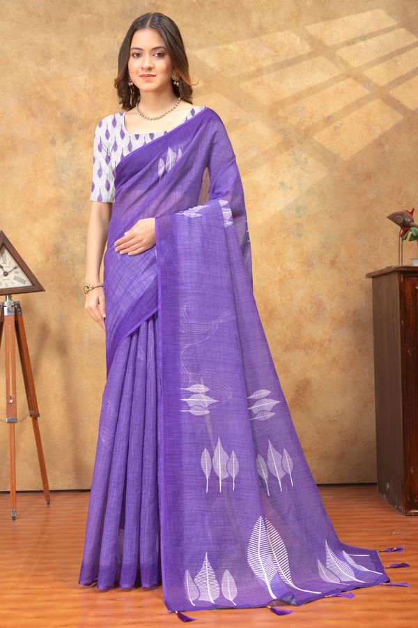 Purple Leaf Printed Satin Saree with Unstitched Blouse