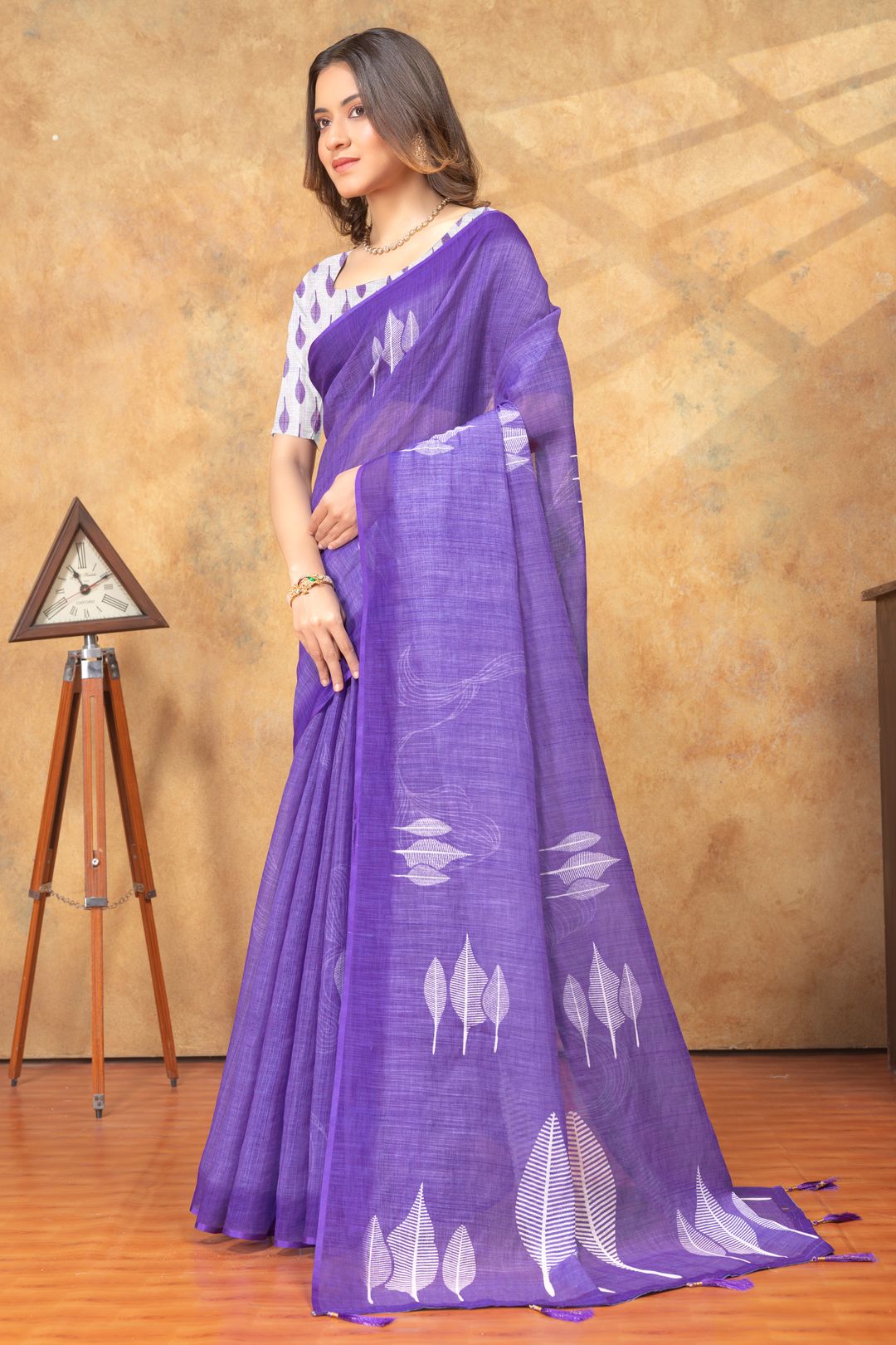 Purple Leaf Printed Satin Saree with Unstitched Blouse