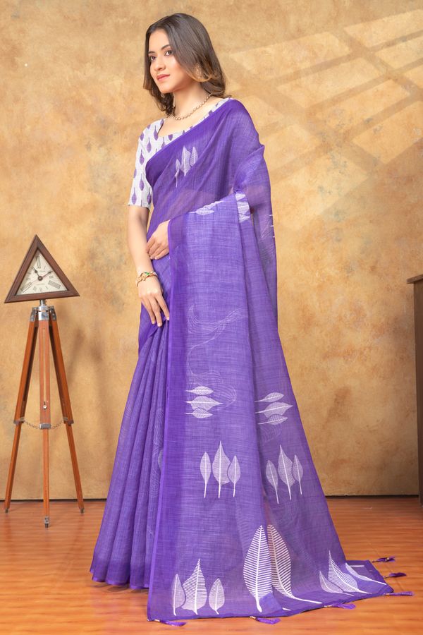 Purple Leaf Printed Satin Saree with Unstitched Blouse