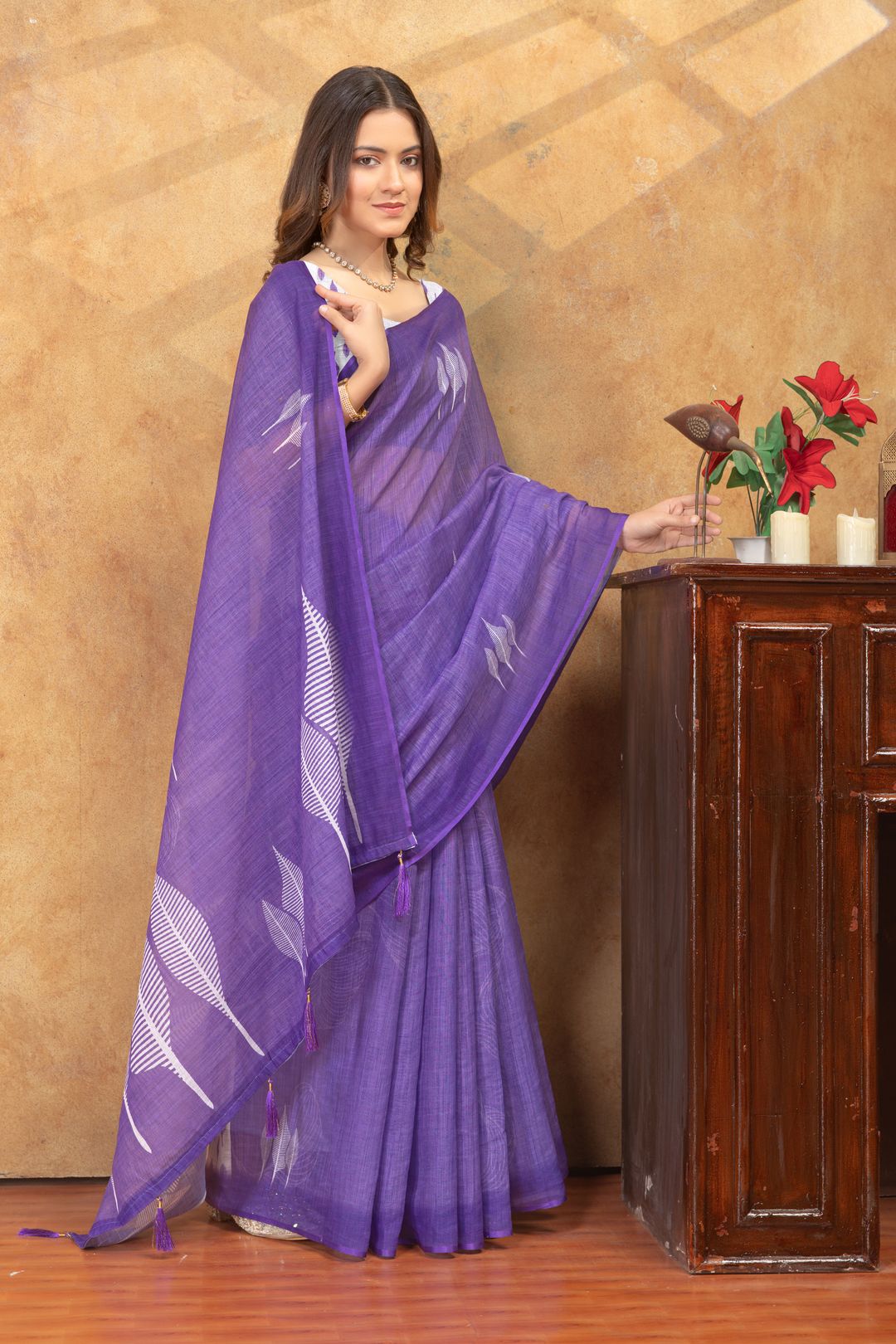 Purple Leaf Printed Satin Saree with Unstitched Blouse