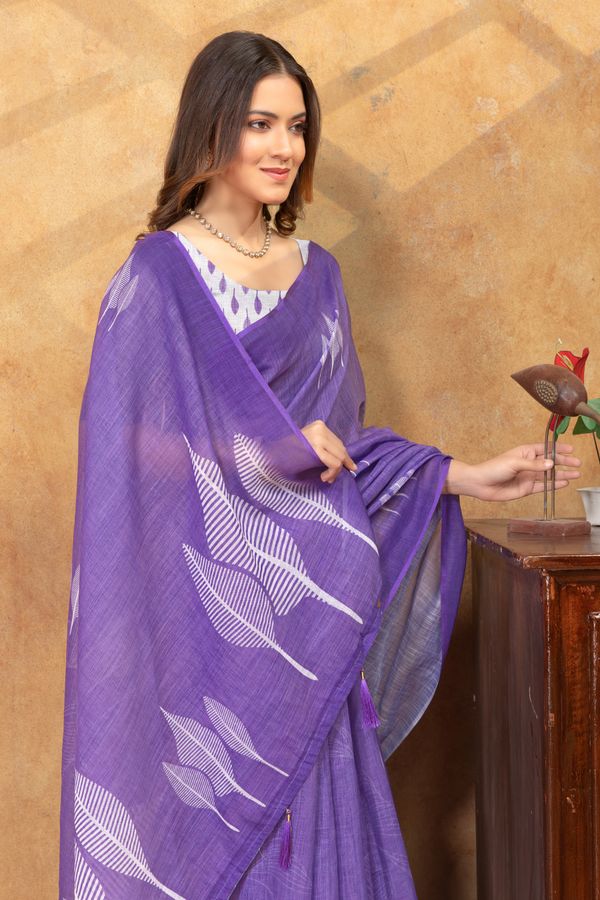 Purple Leaf Printed Satin Saree with Unstitched Blouse