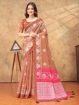 Rust Floral Printed Satin Saree with Unstitched Blouses