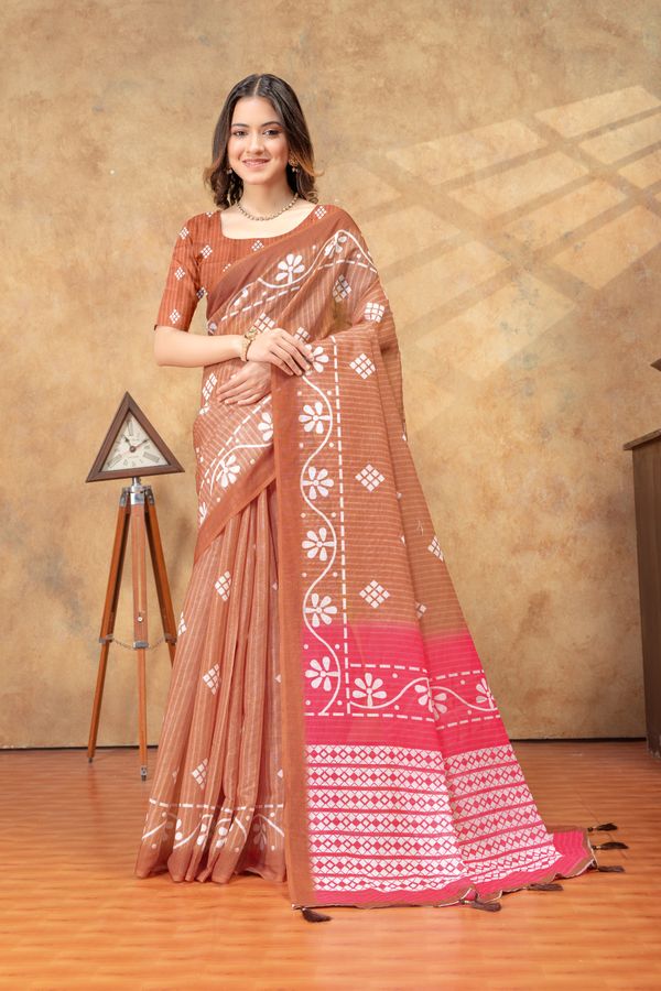 Rust Floral Printed Satin Saree with Unstitched Blouses
