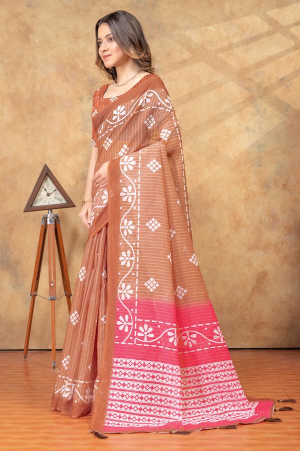Rust Floral Printed Satin Saree with Unstitched Blouses