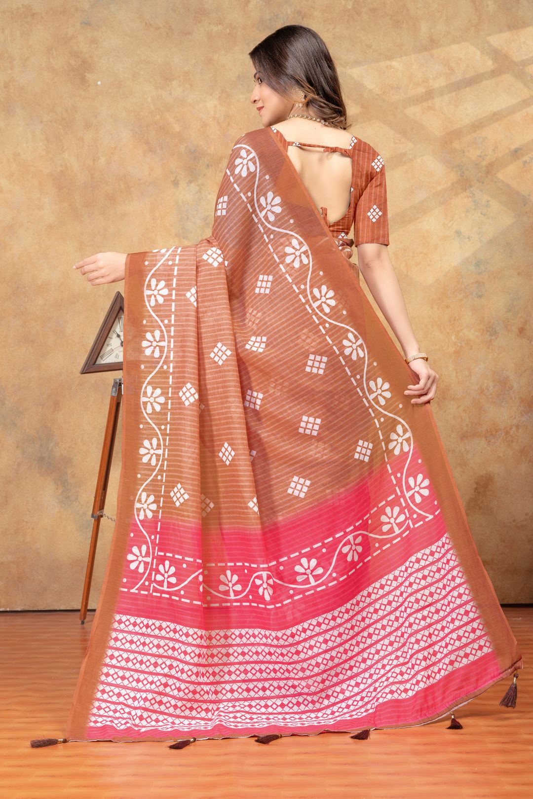 Rust Floral Printed Satin Saree with Unstitched Blouses
