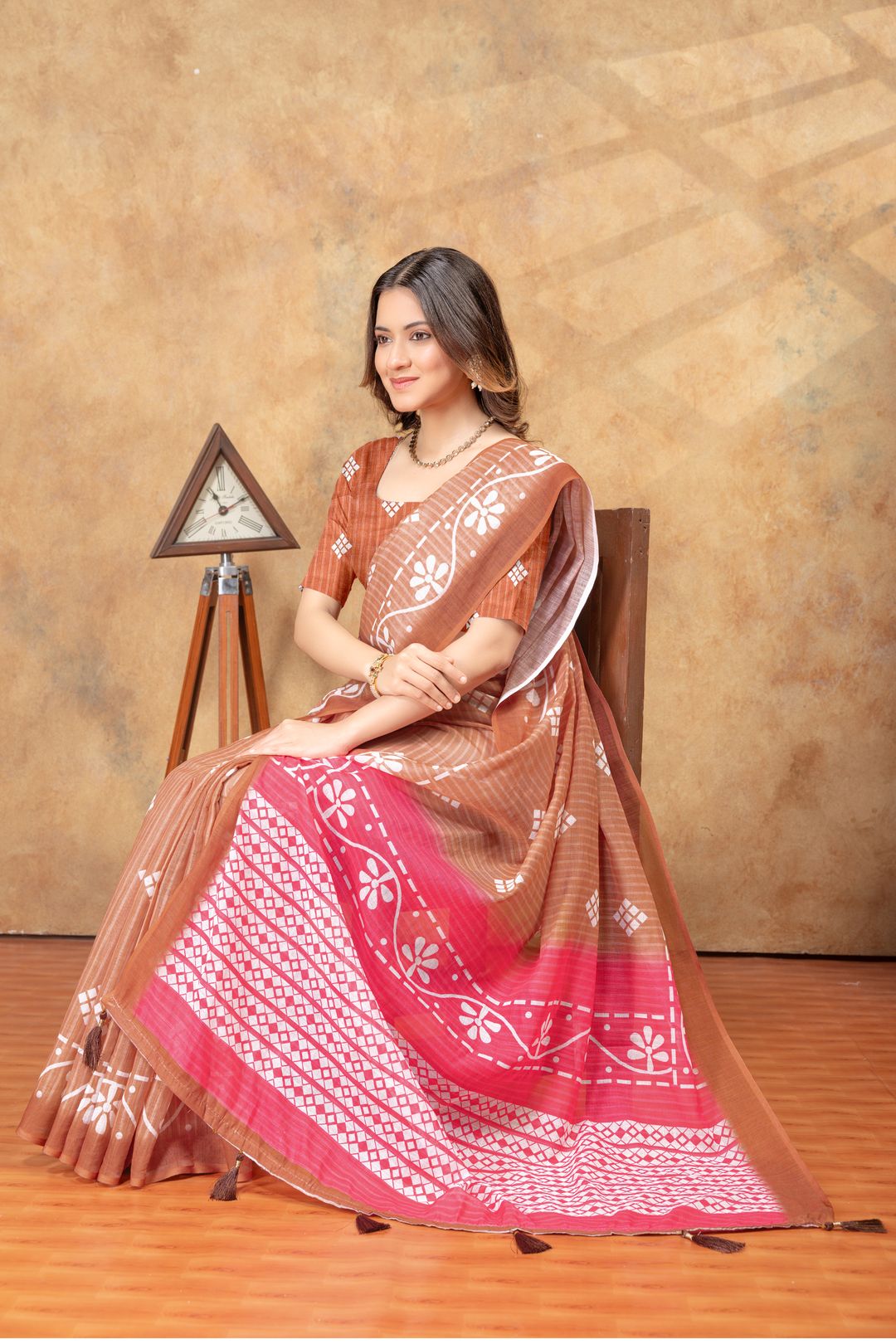 Rust Floral Printed Satin Saree with Unstitched Blouses