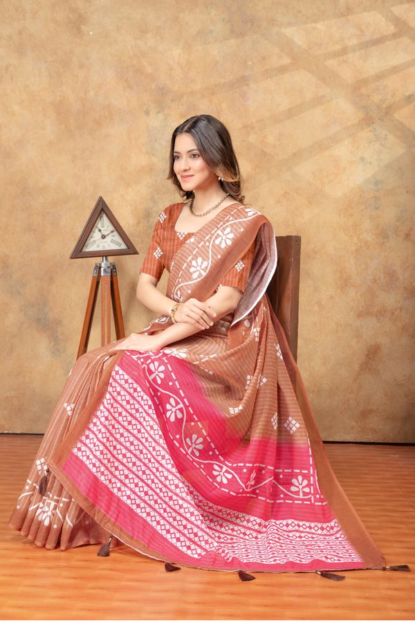 Rust Floral Printed Satin Saree with Unstitched Blouses