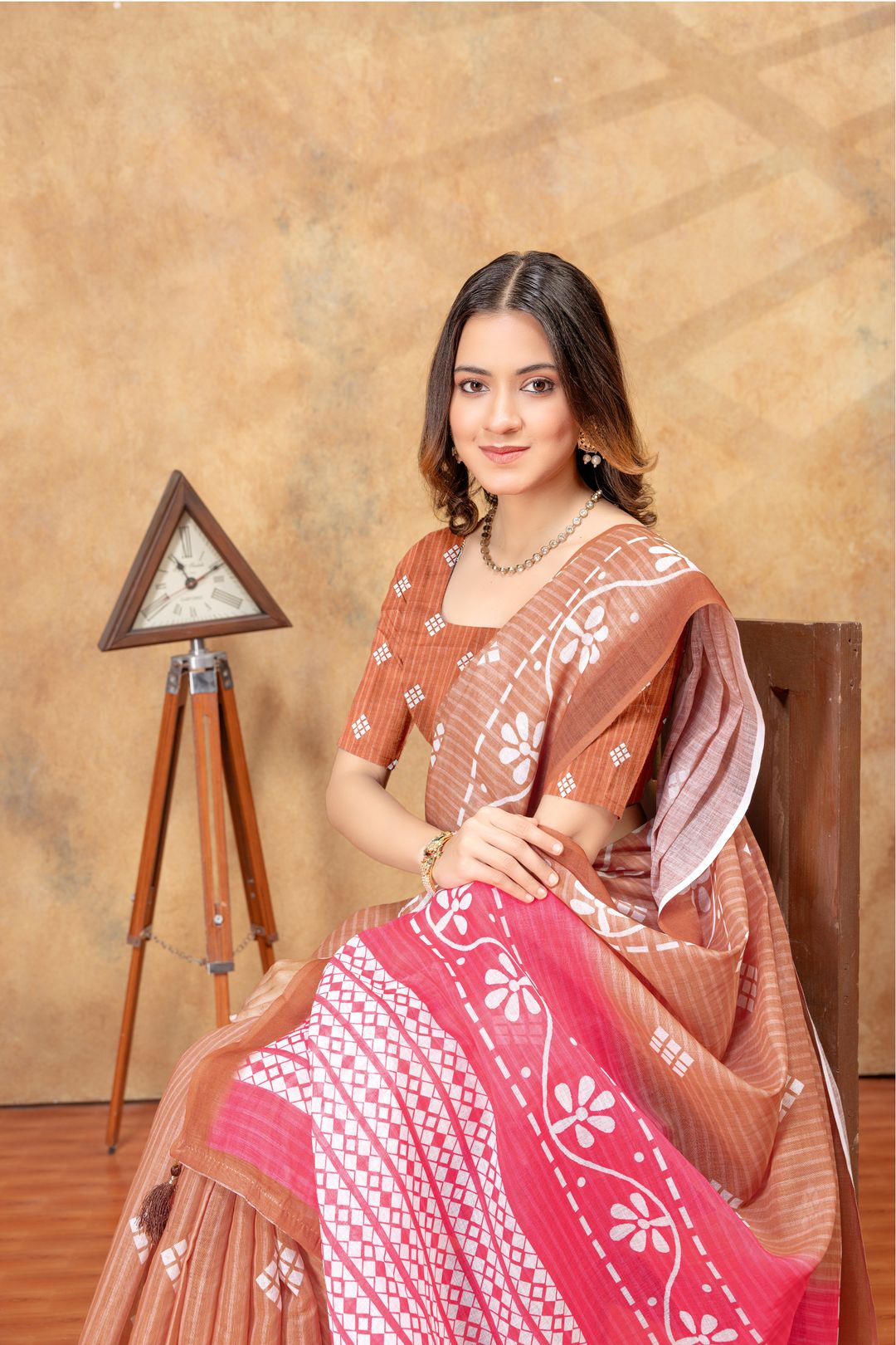 Rust Floral Printed Satin Saree with Unstitched Blouses