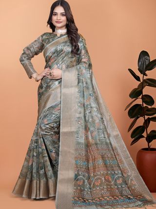 Buy Grey Printed Cotton Saree with Elegant Border Detailing