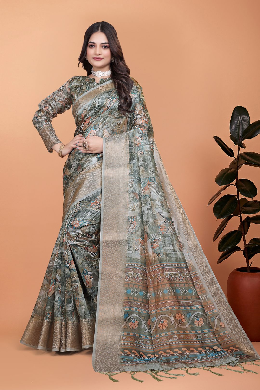 Buy Grey Printed Cotton Saree with Elegant Border Detailing