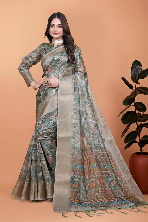 Buy Grey Printed Cotton Saree with Elegant Border Detailing