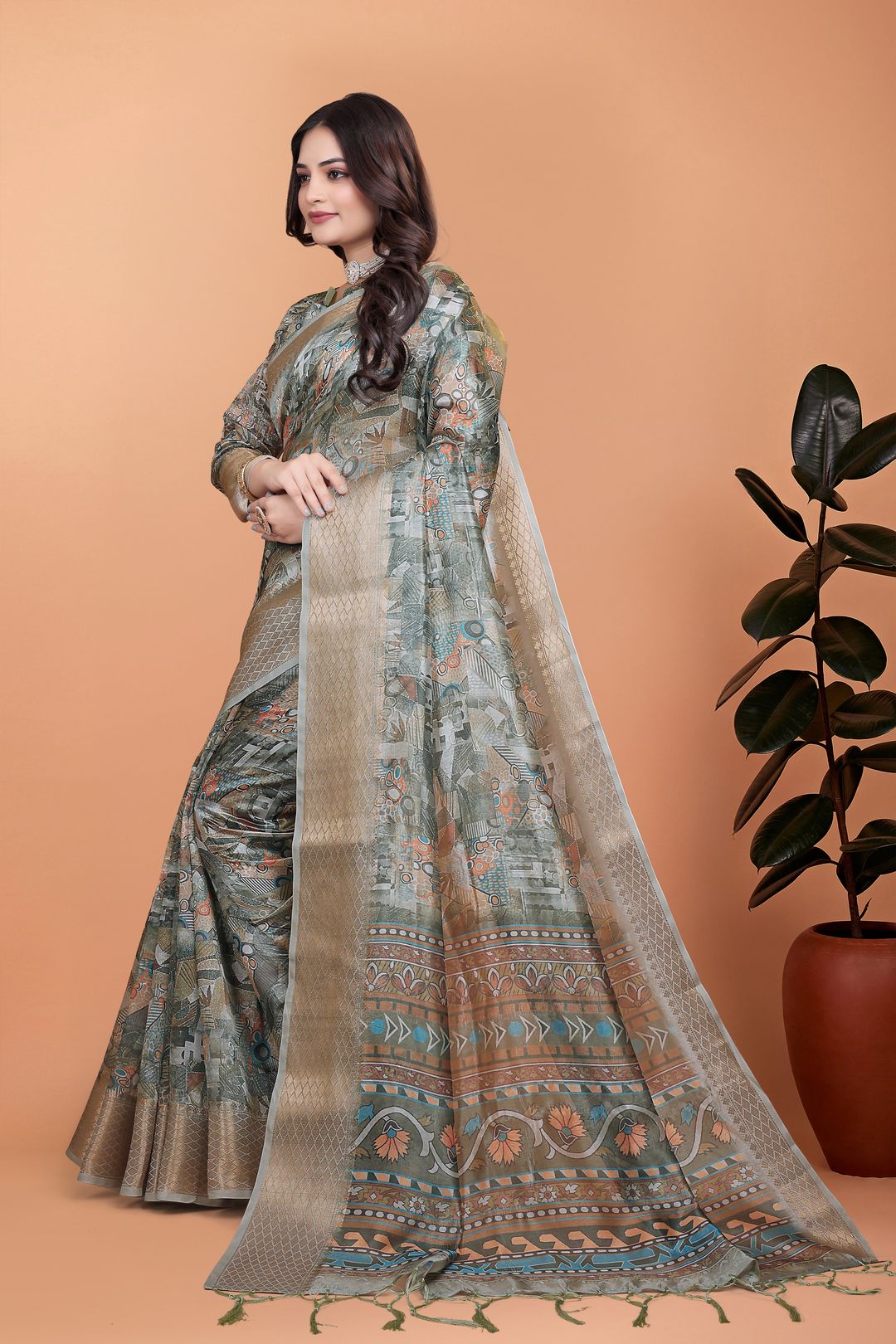 Buy Grey Printed Cotton Saree with Elegant Border Detailing