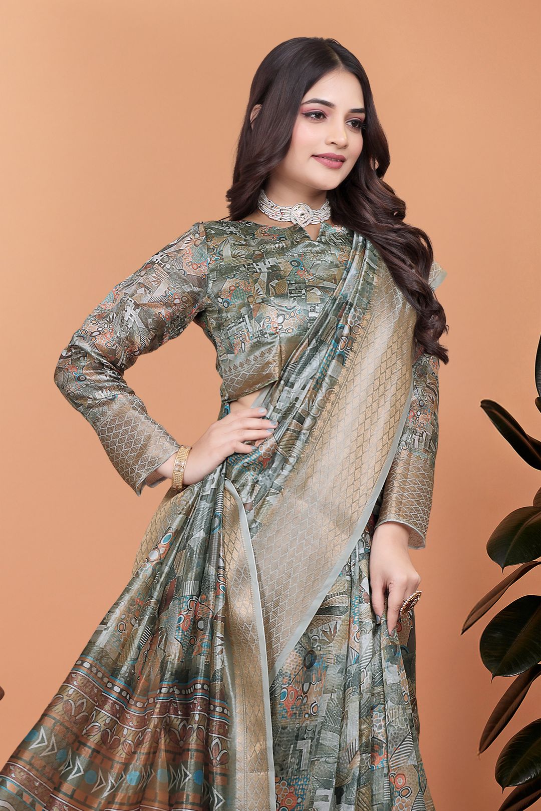 Buy Grey Printed Cotton Saree with Elegant Border Detailing