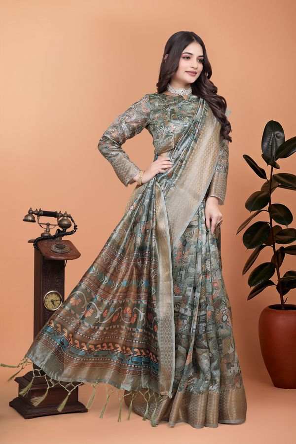 Buy Grey Printed Cotton Saree with Elegant Border Detailing