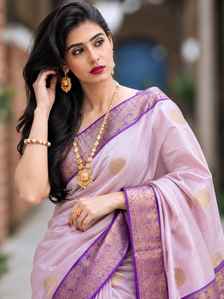 Beige Purple Banarasi Soft Silk Saree with Zari Border