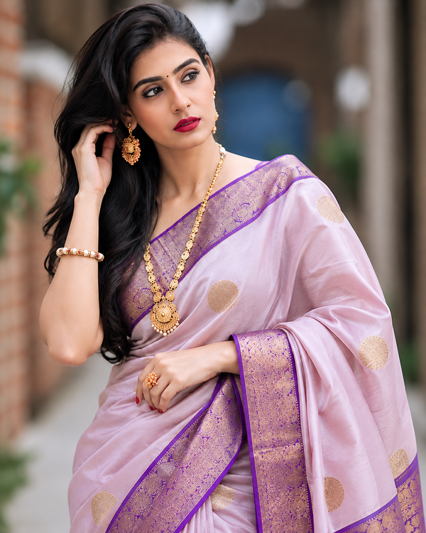 Beige Purple Banarasi Soft Silk Saree with Zari Border