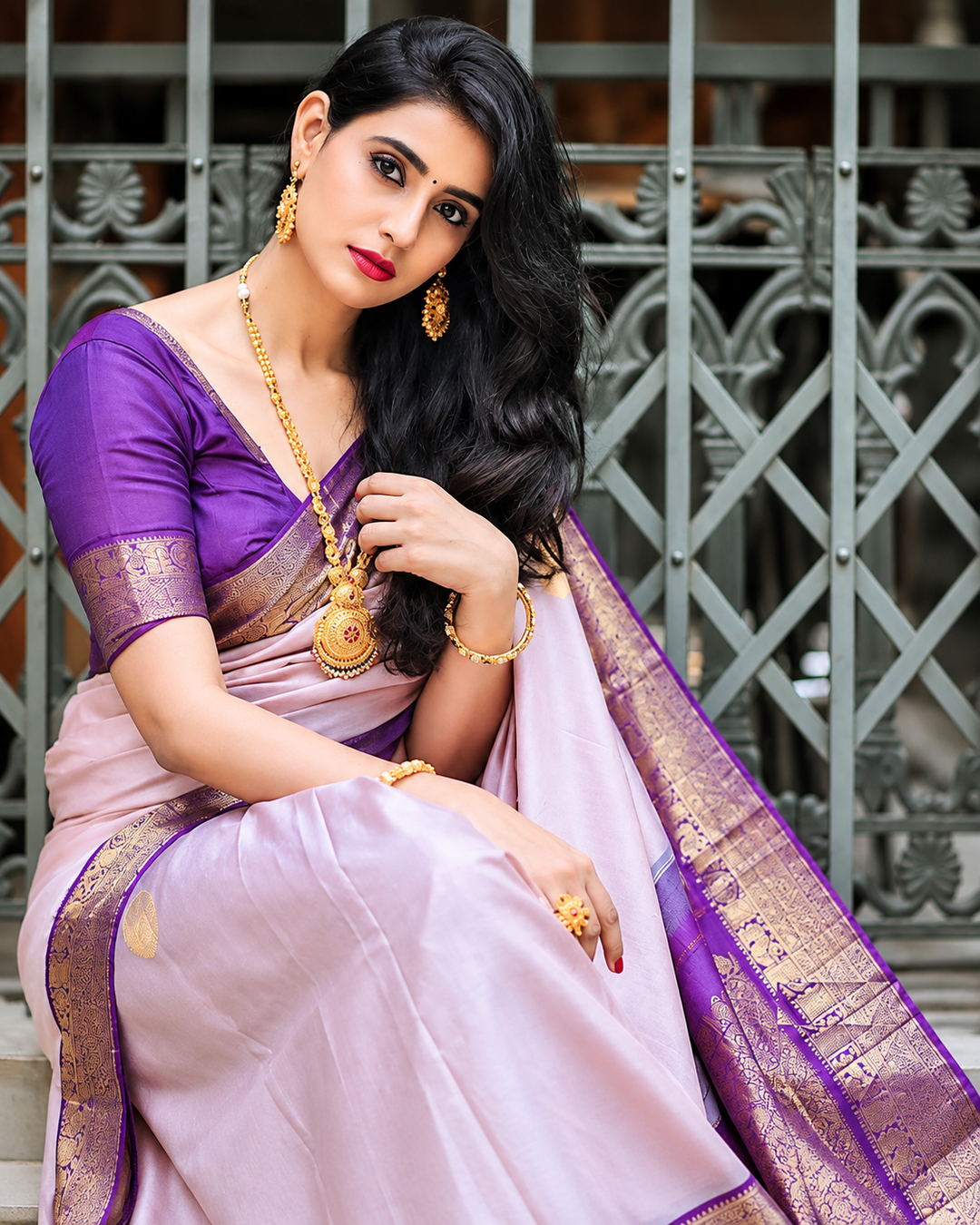 Beige Purple Banarasi Soft Silk Saree with Zari Border
