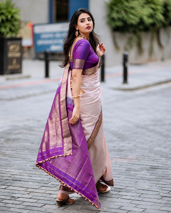 Beige Purple Banarasi Soft Silk Saree with Zari Border