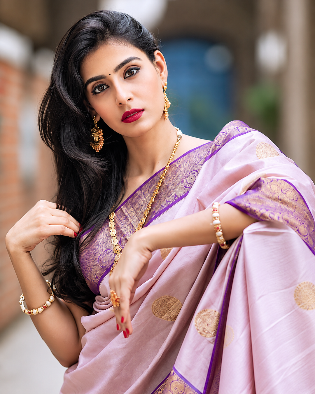 Beige Purple Banarasi Soft Silk Saree with Zari Border