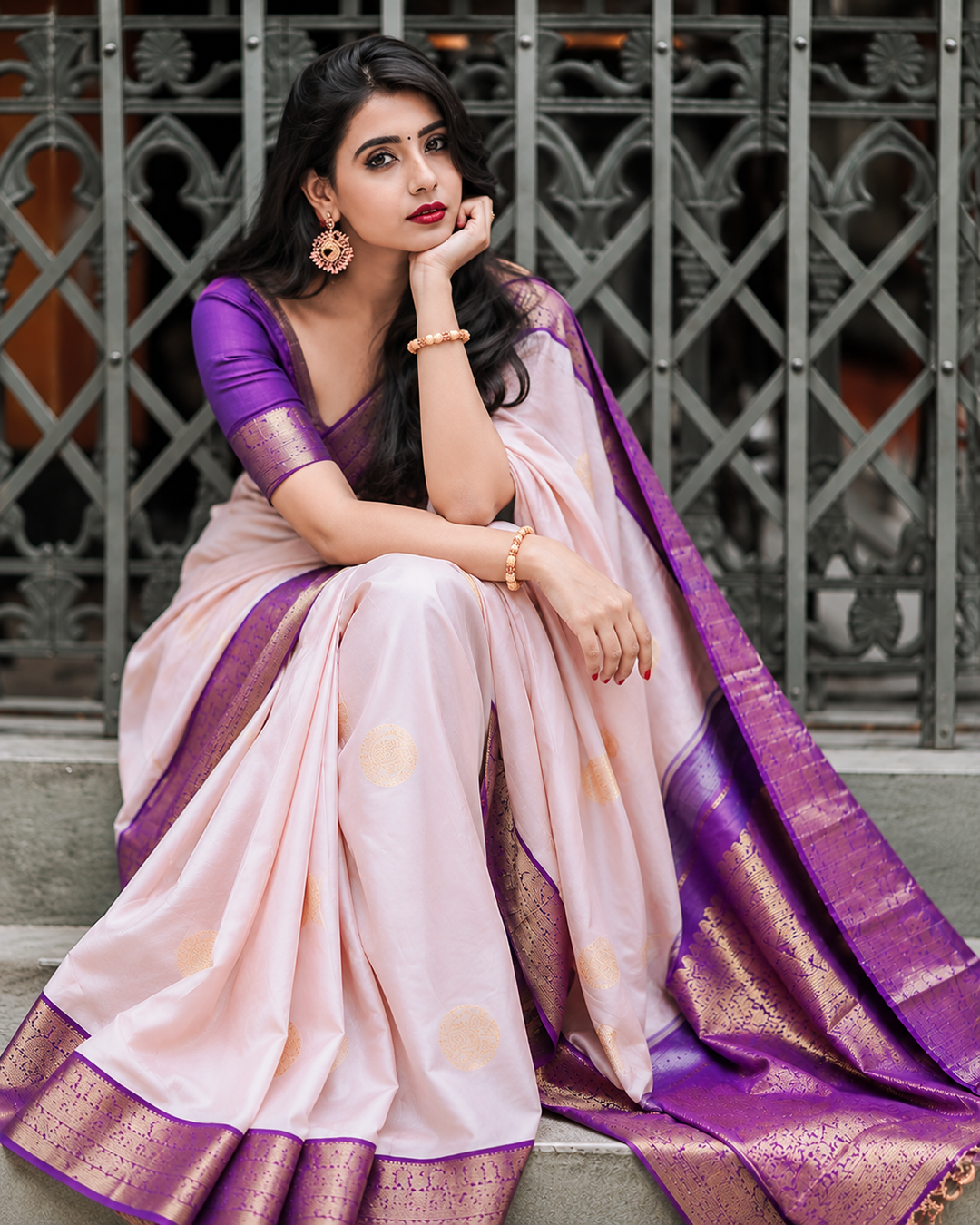 Beige Purple Banarasi Soft Silk Saree with Zari Border