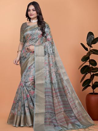 Buy Grey Floral Printed Cotton Saree with Decorative Border