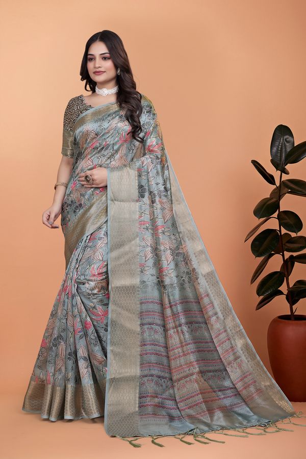 Buy Grey Floral Printed Cotton Saree with Decorative Border