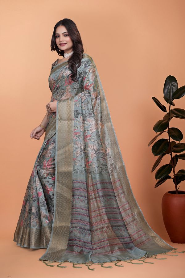 Buy Grey Floral Printed Cotton Saree with Decorative Border