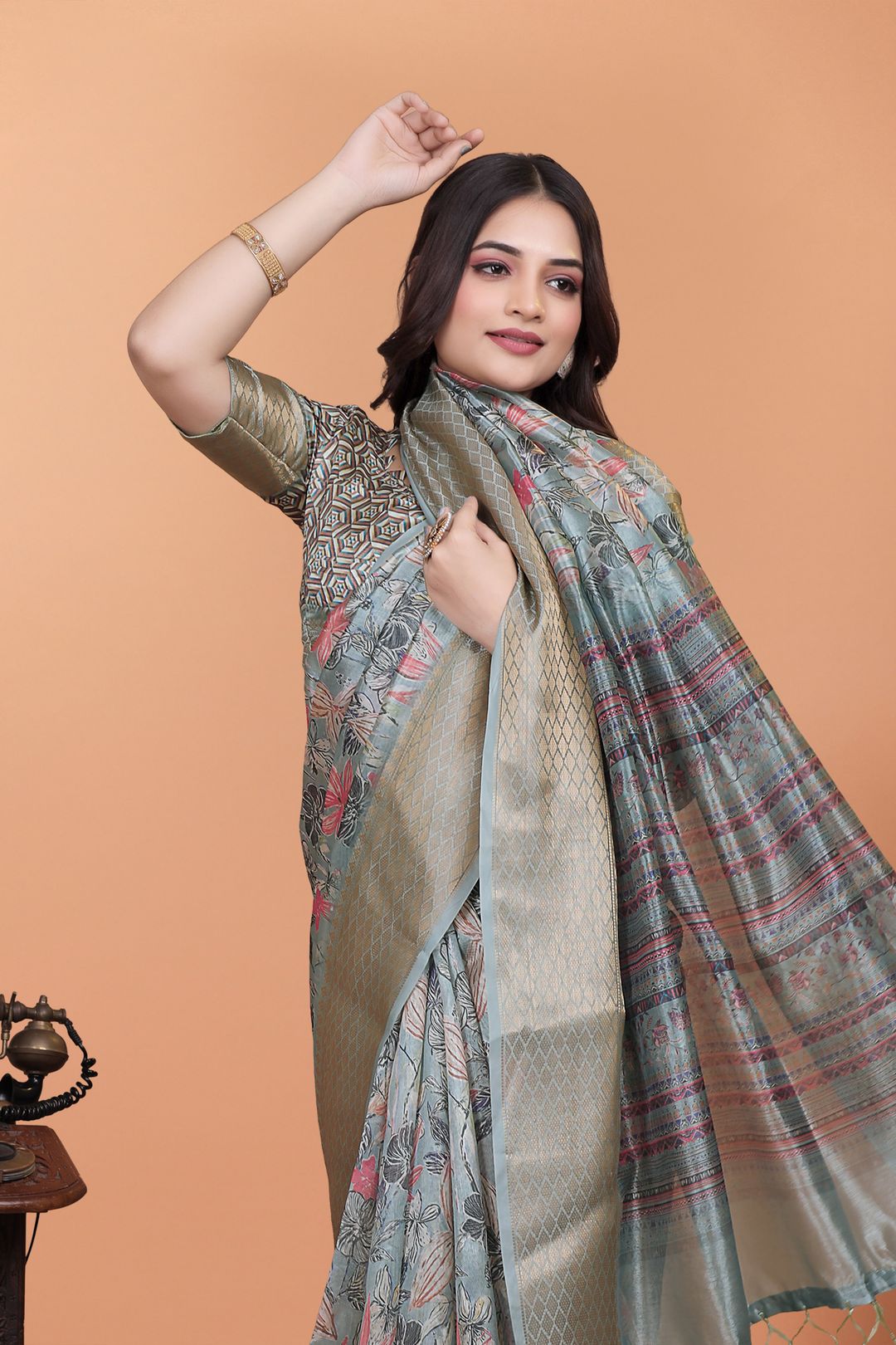 Buy Grey Floral Printed Cotton Saree with Decorative Border