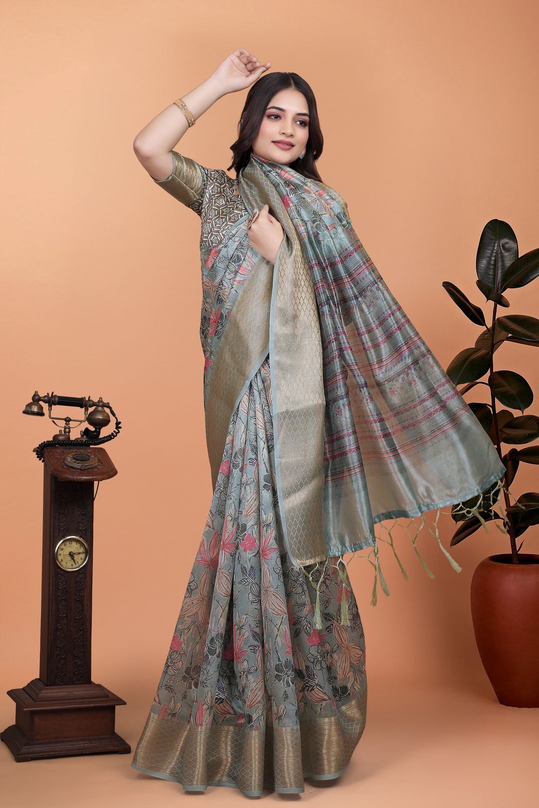 Buy Grey Floral Printed Cotton Saree with Decorative Border