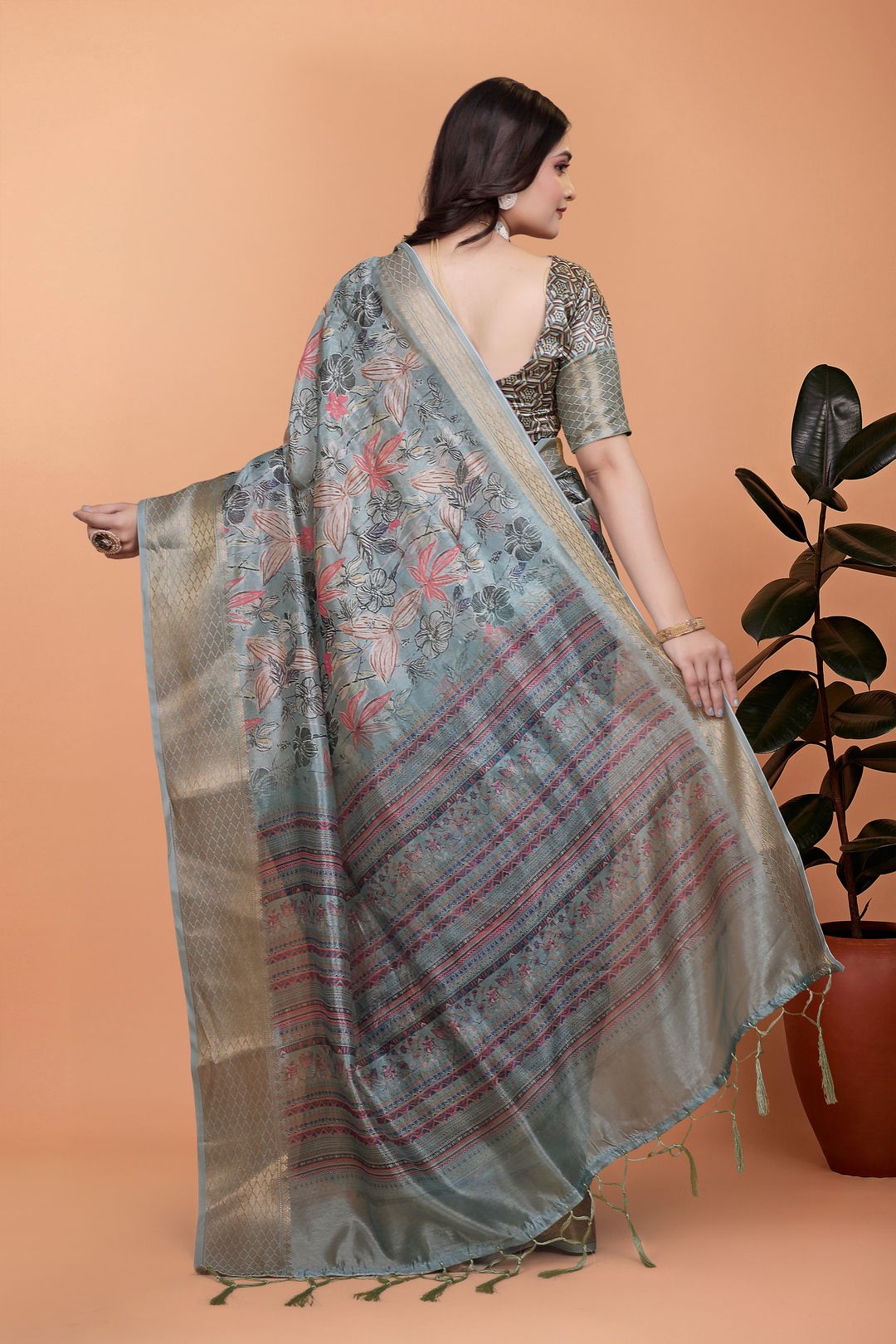 Buy Grey Floral Printed Cotton Saree with Decorative Border